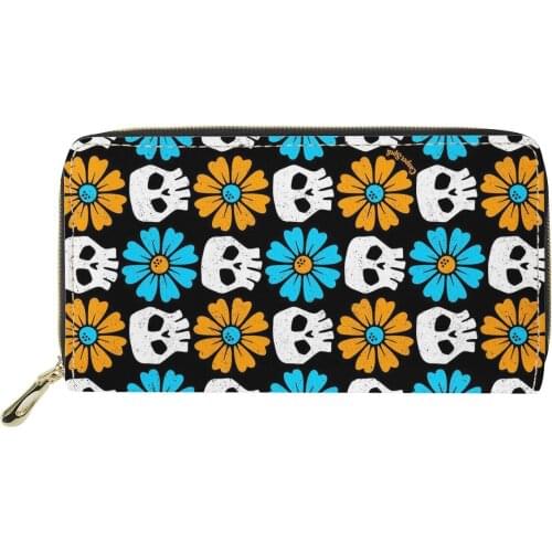 Skull Wallets for Women Black Clutch Purse Ladies Card Holder Floral Wallets PU Leather Zipper Coin Long Purse Phone Money Bag