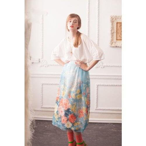 Women Skirts Spring Summer Women Mori Girls Fresh Pastoral Floral Print 100%Silk Skirt Korean Fashion All-Match Blue Long Skirts