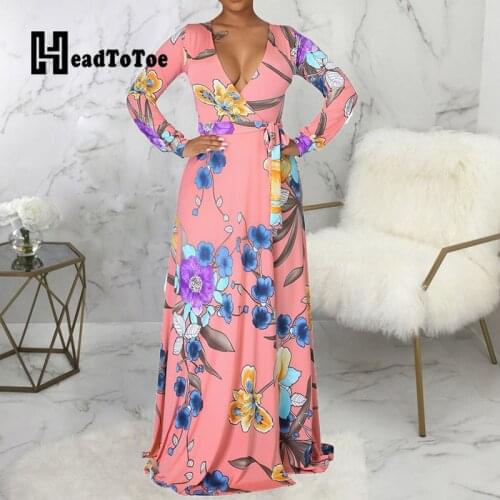Floral Print Sexy V Neck Long Sleeve Maxi Dress Women