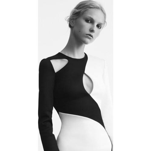 Chic Colorblock Cut Out Bandage Dress For Women Vestidos Long Sleeve Elegant Round Neck Back Slit Femme Midi Sheath Dress