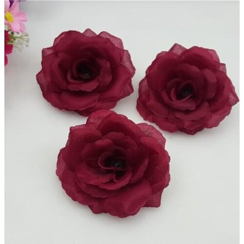 10pcs Wine Red Artificial Flowers Heads Rose Flower Ball Head Brooch Festival Wedding party Decoration DIY Flower Silk Flower