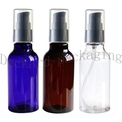 Wholesale 50pcs 100ml cosmetic travel blue clear brown bottle with cream lotion pump PET plastic bottles containers package