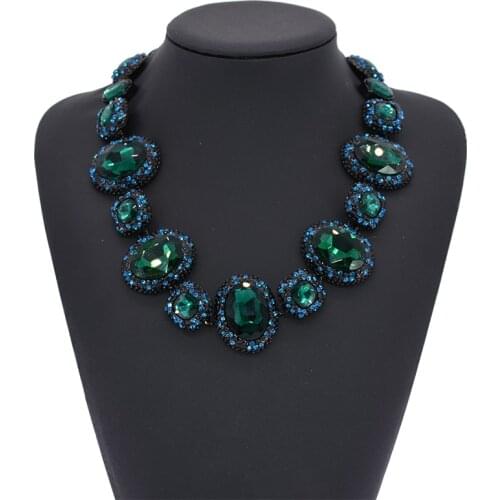 2021 Big Green Glass Round Geometric Statement Necklace Shiny Collar Necklace Layered Vintage Metal Chokers Party Jewelry