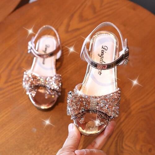 1-12Year Baby Leather Shoes For Children Dress Sandal For Little Girl Summer Kids Beach Shoe 2021 Fashion Glitter Rhinestone Bow