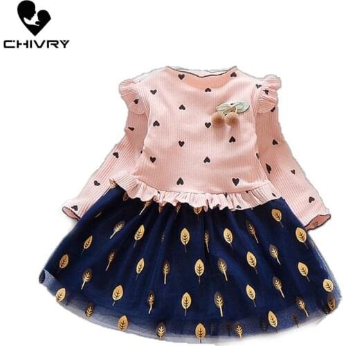 Chivry Spring Autumn Little Girls Long Sleeve O-neck Heart Print Dress Kids Baby Girls Fashion Mesh Patchwork Dresses Vestidos