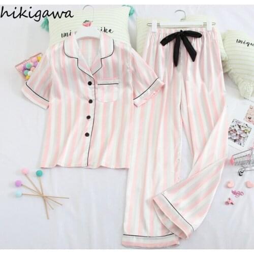 Hikigawa Spring/Summer Thin Trousers Short Sleeve Lapel Homewear Women Simple Lapel Cardigan Casual Silk Ladies Pajamas Sets