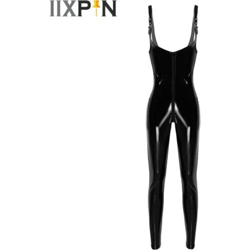 Rompers Womens Jumpsuit Shiny Patent Leather Sexy Bodysuit Lingerie Sleeveless Front Zippered Catsuit Leotard Bodysuit Dancewear
