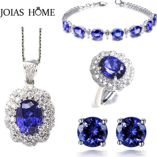 JoiasHome Women Silver 925 Ring Earring Bracelet Necklace Four Piece Jewelry Set Luxury Sapphire Gemstone Engagement Party 2021