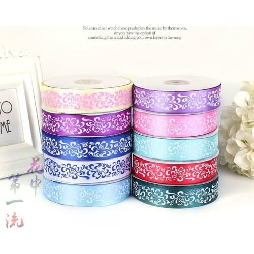 Pretty 1"25mm (50 Yards/lot) Blue And White Porcelain Flower Printed Satin Ribbon For DIY Decorative apparel sewing accessories