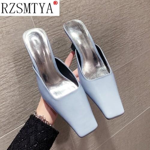 New Fashion High Heel Slippers Women Brand Square Toe Mule Slip on Outdoor Slides Elegant Pumps Party Wedding Shoes