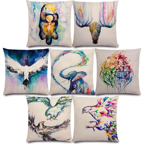 New Animals Watercolor Art Painting Eagles Rhinos Deer Elk Peacock Wolf Lion Whale Elephant Cushion Cover Sofa Pillow Case