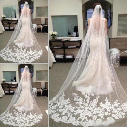 Wholesale 5M One Layer Lace Edge White Ivory Catherdal Wedding Veil Long Bridal Veil Cheap Wedding Accessories Veu De Noiva