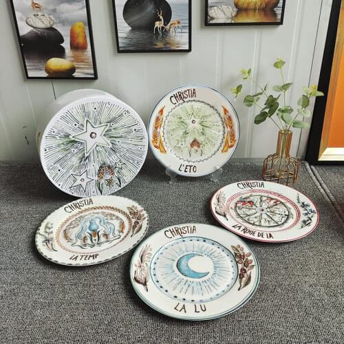The Sun Style Flat Plate Salad Dish Ceramic Simple Style Food Tray Creative Pasta Fruit Plate Dinnerware Breakfast Dish 4pcs