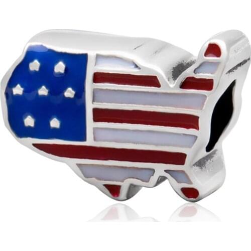 Fit Original Pandora Blue Red Enamel American Flag Outline Charms Bracelet USA Map Contour Beads DIY Jewelry for Women Accessory
