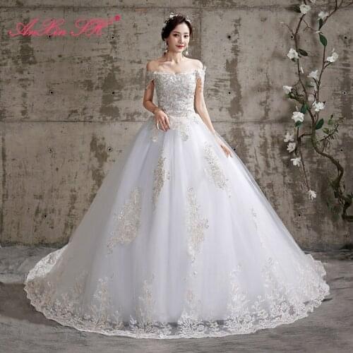 AXJFU luxury princess embroidery boho flower lace wedding dress ball gown vintage boat neck ruffles party train wedding dress