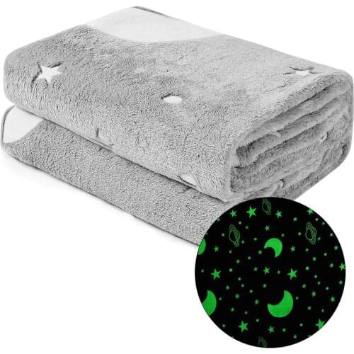 Glow In The Dark Warm Soft Fleece Blanket with Star Moon Pattern Throw Bedding Blanket for Kids Babies