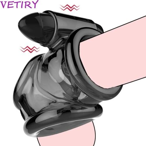 VETIRY Penis Ring Vibrator Delay Ejaculation Dildo Extender Double Lock Fine Sex Toys for Man Male Masturbator Elastic Cock Ring