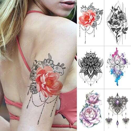 Waterproof Temporary Tattoo Sticker Mandala Rose Lotus Flash Tattoos Peony flower Body Art Arm Water Transfer Fake Tatoo Women