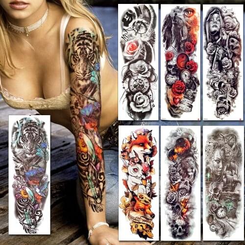 BAOFULI Water Transfer Fake Full Arm Leg Temporary Tattoos For Women Men Tiger Henna Tatoo Body Art Rose Flower Tattoo Stickers