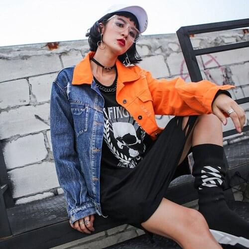 Womens Denim Jacket Plus Size Street Wear Punk Hip Pop Autumn Blue Yellow Jean Jacket Windbreaker Girl Female Coat Windproof