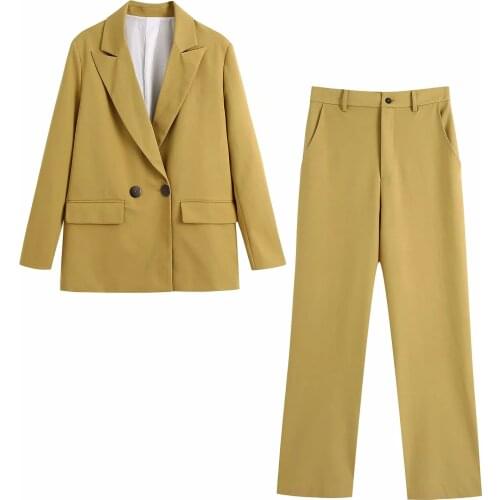 Za Women Fashion Office Wear Masculine style Blazers Coat Vintage Long Sleeves Outerwear And High waist casual pants 2-piece Set