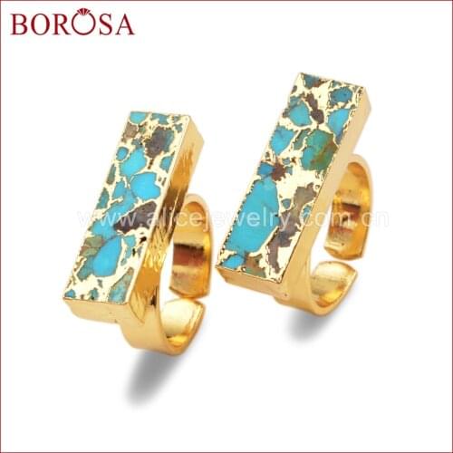 BOROSA Wholesale Gold Plating Natural Turquoises Copper Rings for Women Natural Gems Stone Rings Statement Rings Jewelry G1542