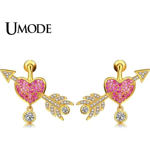 UMODE Fashion Party Jewelry Heart and Arrow Crystal Stud Earrings for Women Gold Color Bijuteria Feminina Christmas Gift AUE0312