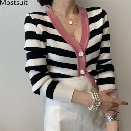 2020 Autumn Korean Striped Knitted Cardigans Sweaters Women Long Sleeve V-neck Single-breasted Vintage Elegant Ladies Tops Femme