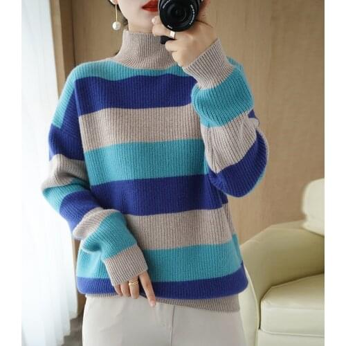 Zocept Winter Pure Wool Sweater Women Fashion Knitted Turtleneck Pullovers Color Matching Soft Warm Top Bottoming Shirt
