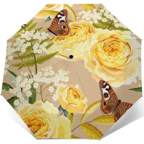 Wind Resistant Folding Automatic Umbrella Women Auto Butterlies With Yellow Flowers Windproof Umbrellas Rain For Men Parasol