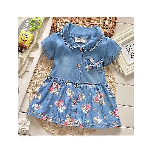 Baby Girl Dress 2016 Summer Children Short Sleeve Christmas Girls Denim Floral Dresses Kids Princess Bowknot Flower Dress