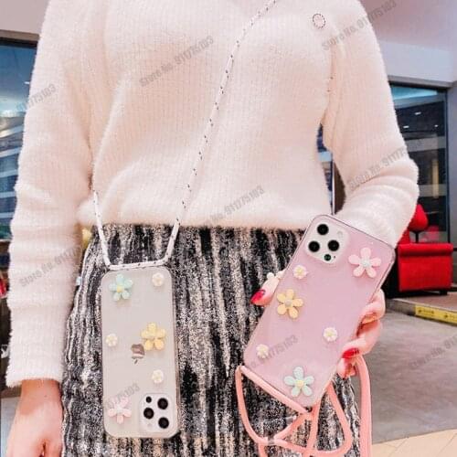 3D Daisy Flowers Lanyard Strap Silicone Phone Case For Iphone 12 11 Pro Max 12 Mini Xr Xs max 8 7 Plus SE 2020 Clear Back Cover