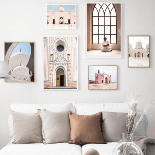 White Mosque Islamic Church Stone Pillar Wall Art Canvas Painting Nordic Posters And Prints Wall Pictures For Living Room Decor