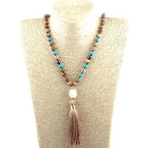 Free Shipping Fashion Bohemian Tribal Jewelry Semi Precious Stones Long Knotted Stone Beige Tassel Necklaces