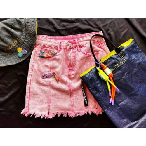 Boho pink denim skirt A line high waist retro slim sweet cute hot girls mini skirts