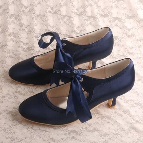 Brand Name Ladies Party Wear Shoes Navy Mary Jane Low Heels