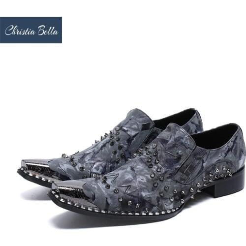 Christia Bella Designer Handmade Men Genuine Leather Shoes Rivet Square Toe Wedding Dress Shoes Big Size Club Party Oxford Shoes