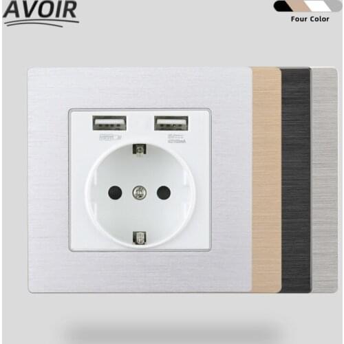 Avoir Wall Socket With Dual USB Port 2.1A Electrical Outlets Aluminum Brushed Panel Power Socket EU Standard Plug 16A 86mmx 86mm