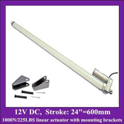 Electric linear actuator with mounting brackets, 24inch=600mm stroke 12v linear actuator with max load 1000N/225LBS/100KGS