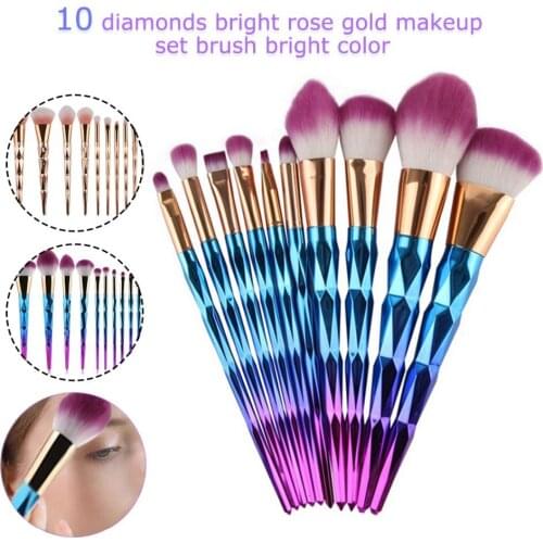 10Pcs Diamond Rose Gold Makeup Brushes Set Mermaid Fishtail Shaped Foundation Powder Cosmetics Brush Rainbow Eyeshadow Brush Kit