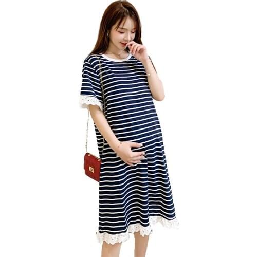 2021 New Summer Fashion Striped Cotton Lace Maternity Clothes for Pregnant Women Breastfeeding Nursing Dress for Pregnancy