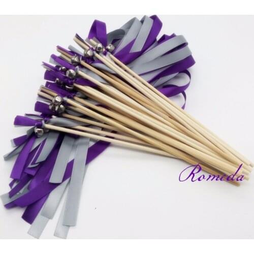 Newest 50pcs/lot purple and grey wedding ribbon stick wands Sparklers with big sliver bell for wedding