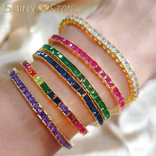2021 New Latest Fine Fashion Bracelet Rainbow Colorful Square Cz Tennis Chain Gorgeous Trendy Bracelet For Women Hot Sale