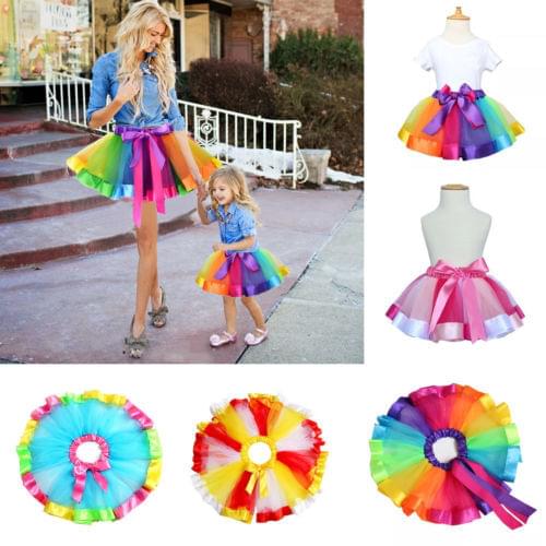 Pudcoco Family Matching Clothes Baby Mom Lady Girls Tutu Skirt Dance Ballet Dress Rainbow Costume Skirt Elegant Clothing