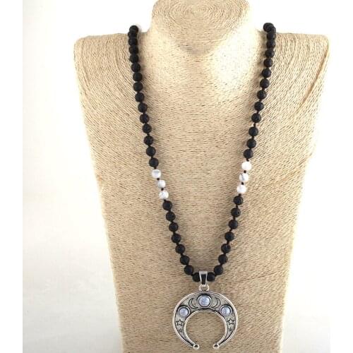 Md Fashion Bohemian Tribal Jewelry Black / White Stone Long Knotted Moon / Cactus Pendant Necklaces For Women Necklace