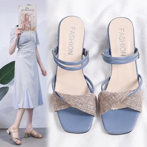 Sandals Womens Summer 2021 New Square-toe Thick-heeled Two-wear Sandals with A Simple Chinese-heeled Slippers