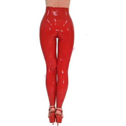 Sexy Womens Casual Red Latex Trousers Sexy Slim Rubber Pants Front Zipper Under Crotch Plus Size