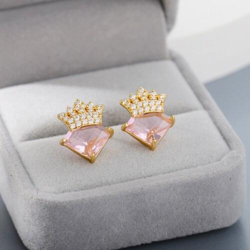 Cute Crown Stud Earrings For Women Girl Pink Color Zircon Princess Crown Earring Party Wedding Jewelry Gift Bijoux Femme