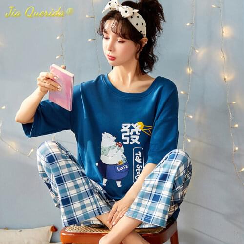 Spring Crew Neck Loose Woman Clothes Pajamas for Women Loungewear Pjs Sleepwear Short Sleeve Plaid Pants Homesuit Homeclothes