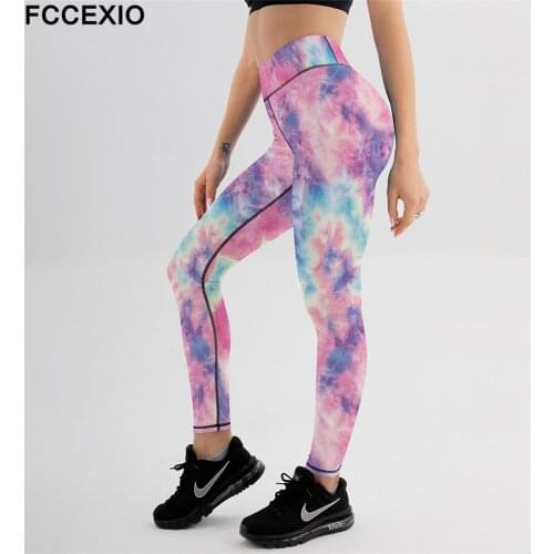 FCCEXIO 6 Colors Tie-Dye 3D Print Women Sexy High Waist Elasticity Leggings Push Up Strength Pants Summer Fitness Run Trousers